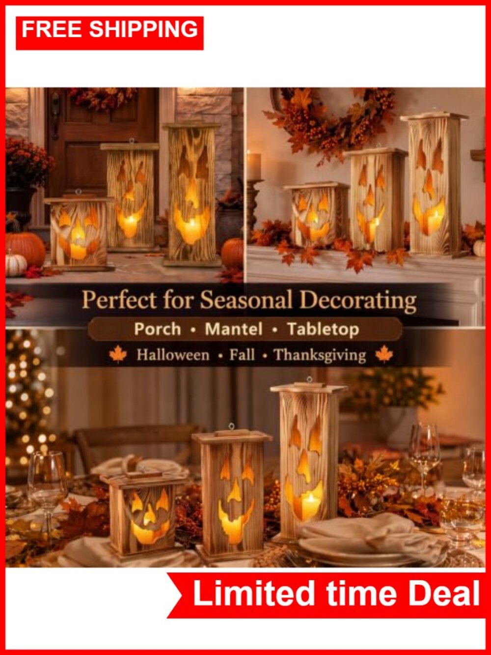 Halloween Wooden Lantern Set 3 Pcs Jack O Lantern Decor - Picture 5 of 6